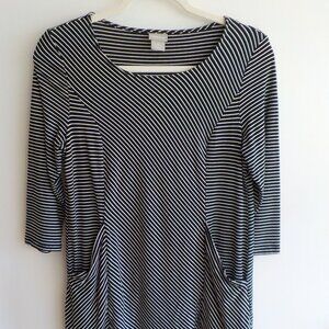 Chico's Tunic - Size 0-Small - Black White Stripe 3/4 Sleeve Pockets (584)